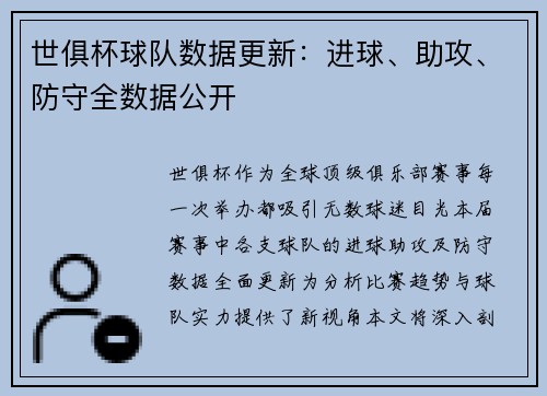 世俱杯球队数据更新：进球、助攻、防守全数据公开